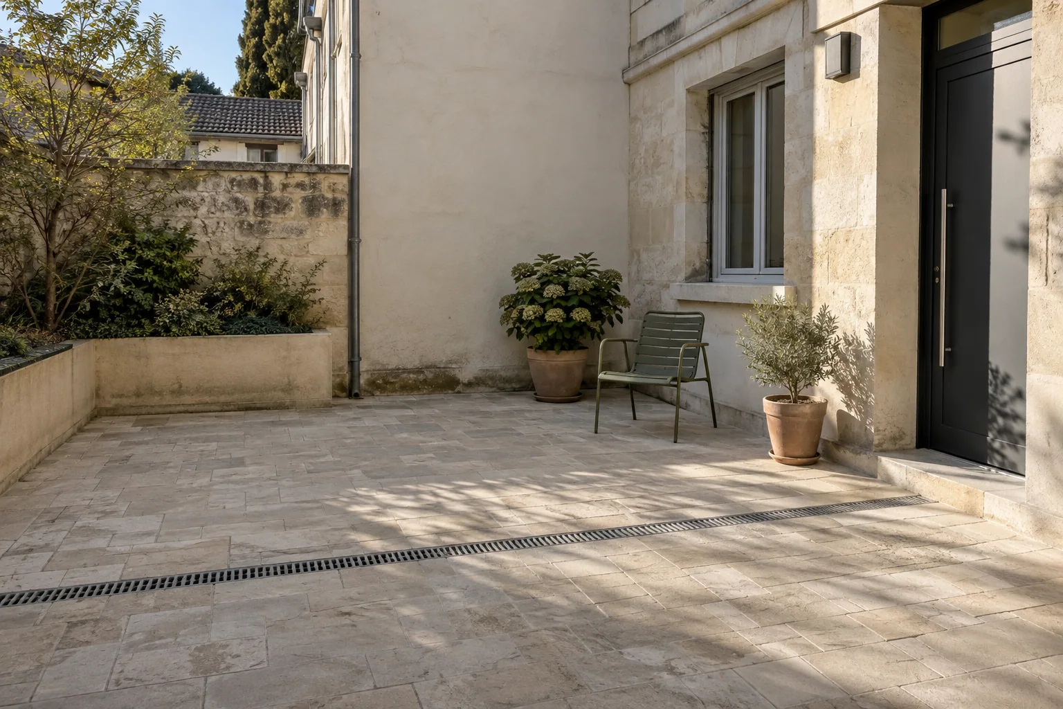 Cour dallée et caniveau — illustration générée
