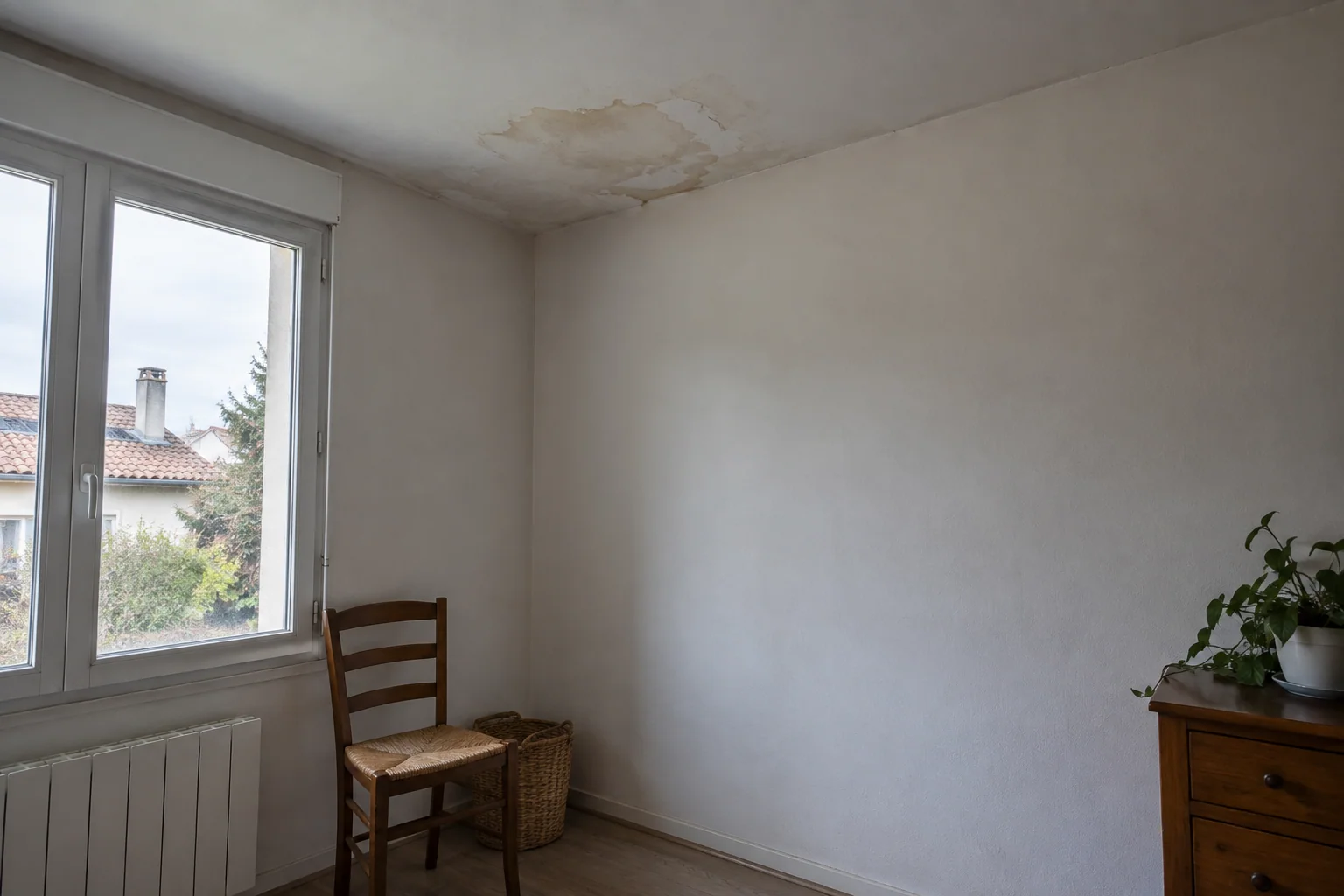Anciennes traces d’eau au plafond et sur le mur — illustration générée