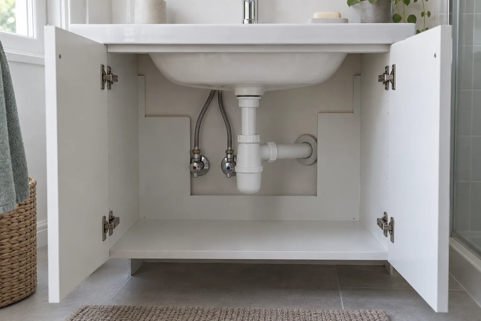 Siphon et raccordements sous lavabo — illustration générée