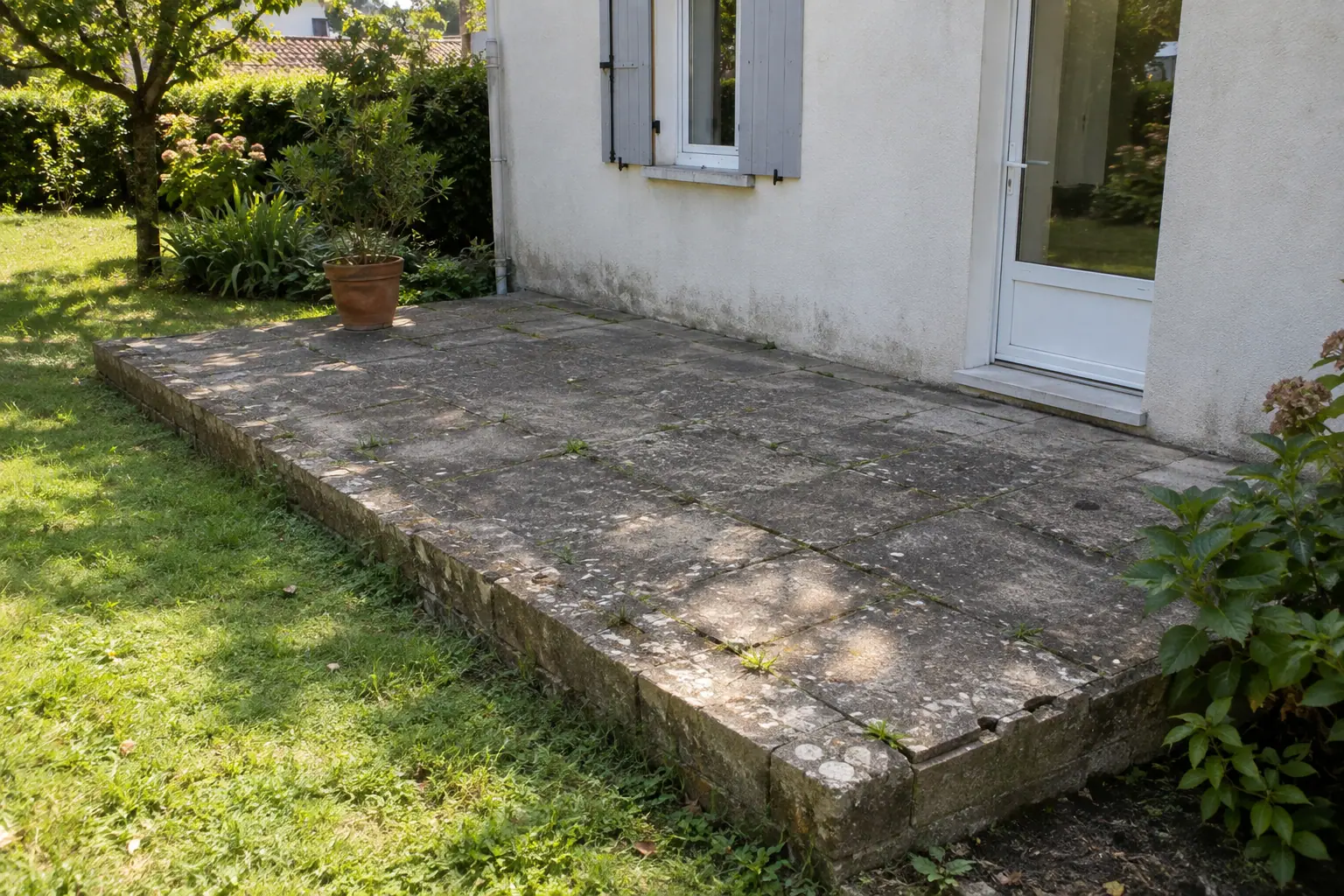Avant — Terrasse dallée et petite maçonnerie reprises — illustration générée