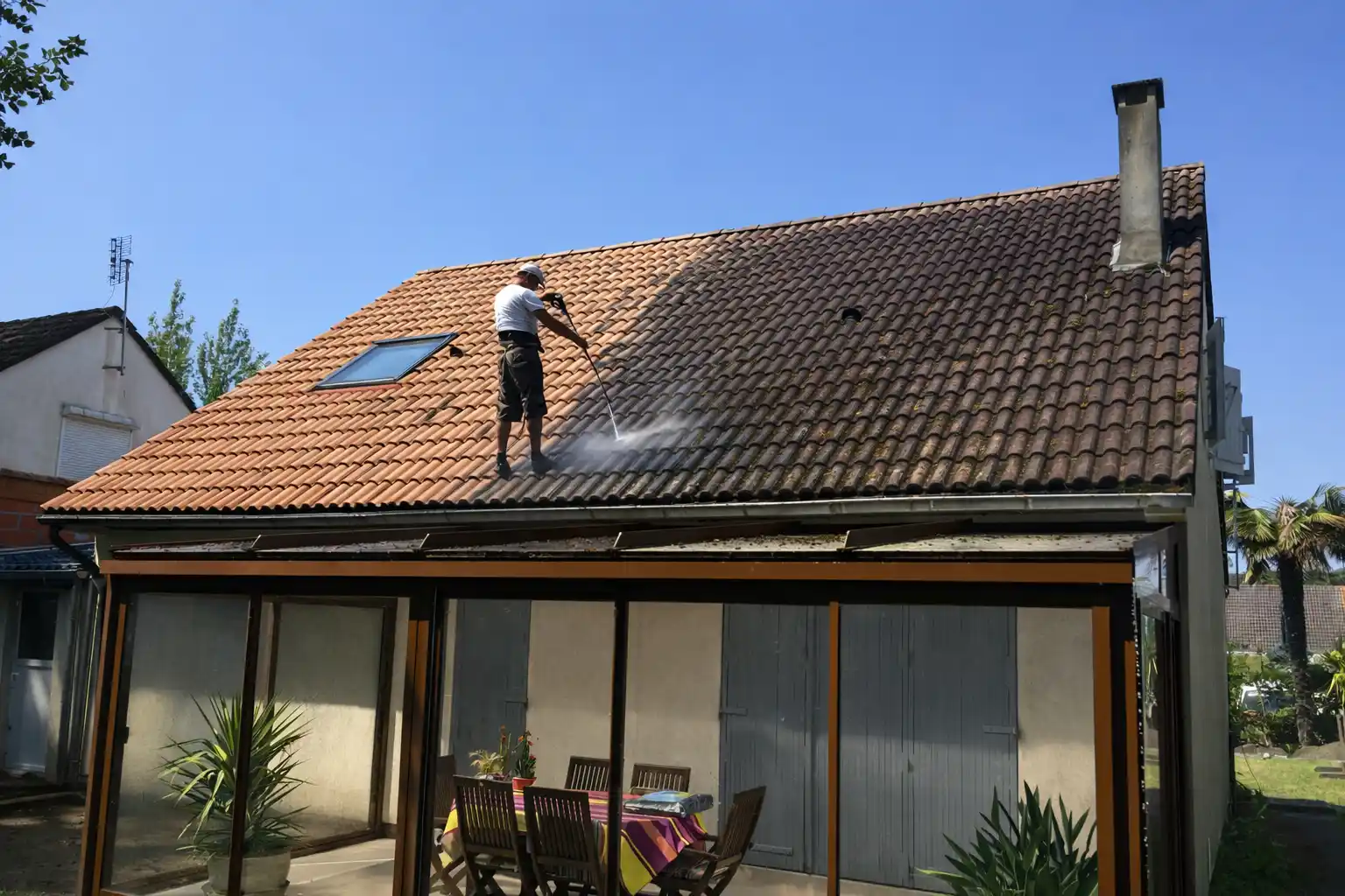 Démoussage toiture au nettoyeur haute pression – chantier en Gironde
