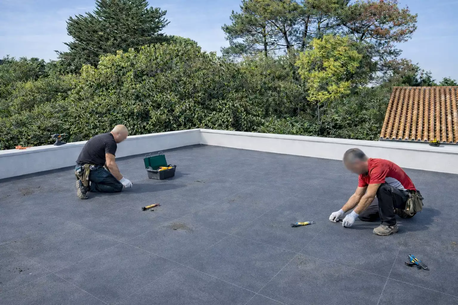 Finition de pose EPDM sur toit-terrasse – chantier en Gironde